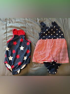Girls Red & Navy Star Stripe Swim Set - Kids